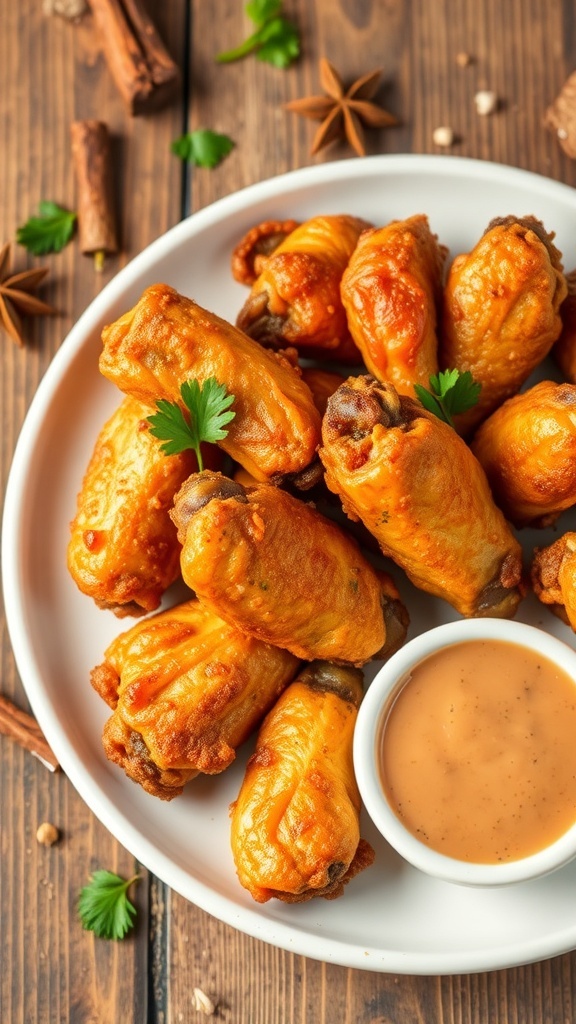 Crispy air fryer chicken wings garnished with parsley and served with dipping sauce on a rustic table.